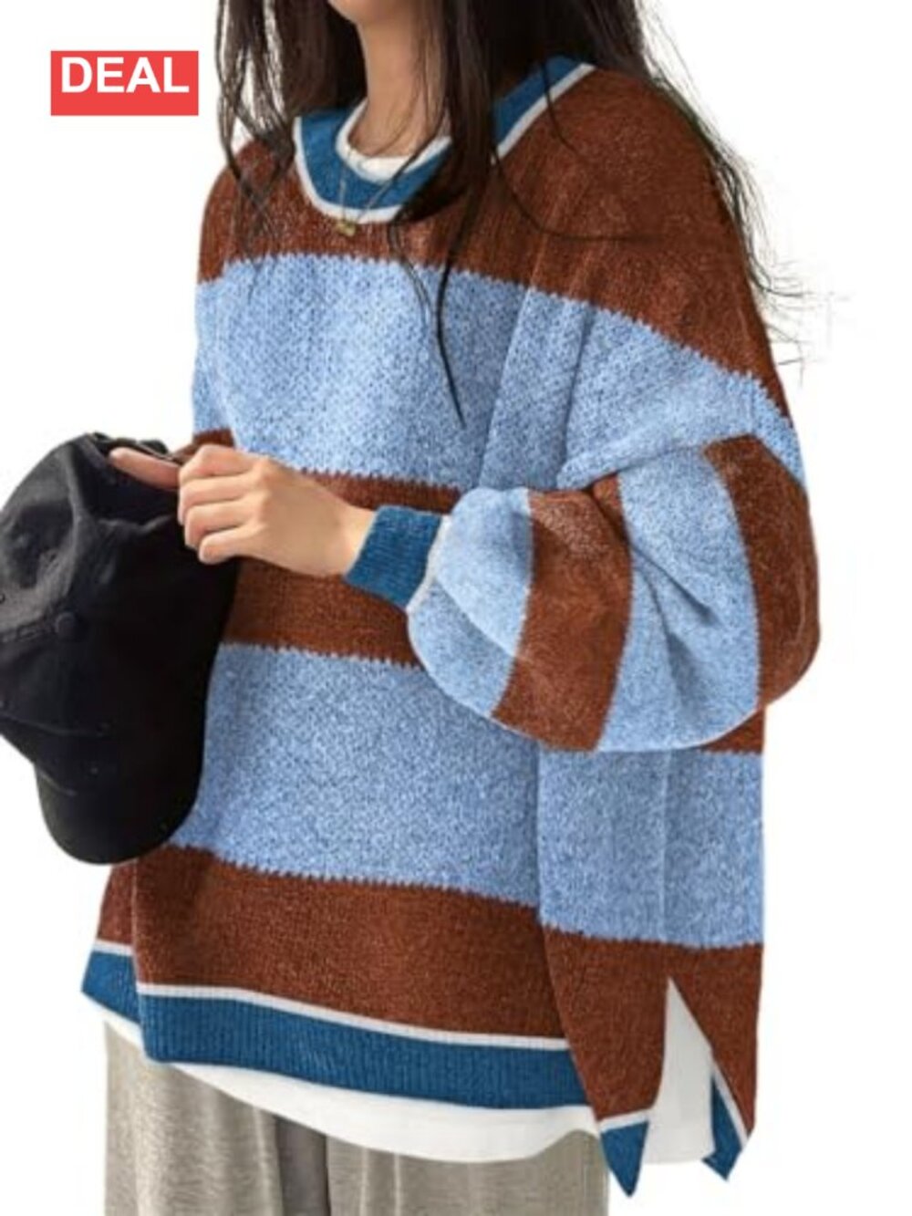Oversized Ribbed Pullover Sweater Side Slit Mock Neck Knit